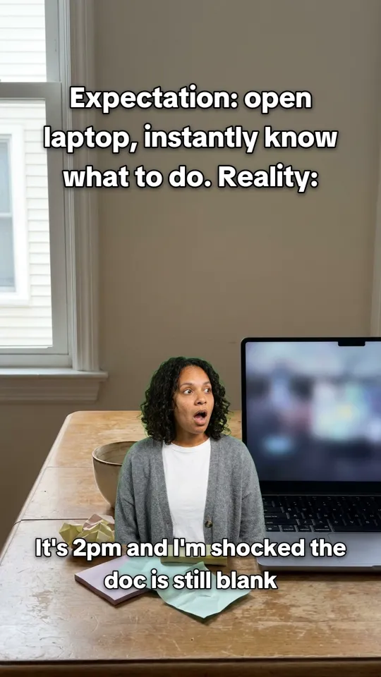 Meme. Top: Expectation: open laptop, instantly know what to do. Reality: Bottom: It's 2pm and I'm shocked the doc is still blank